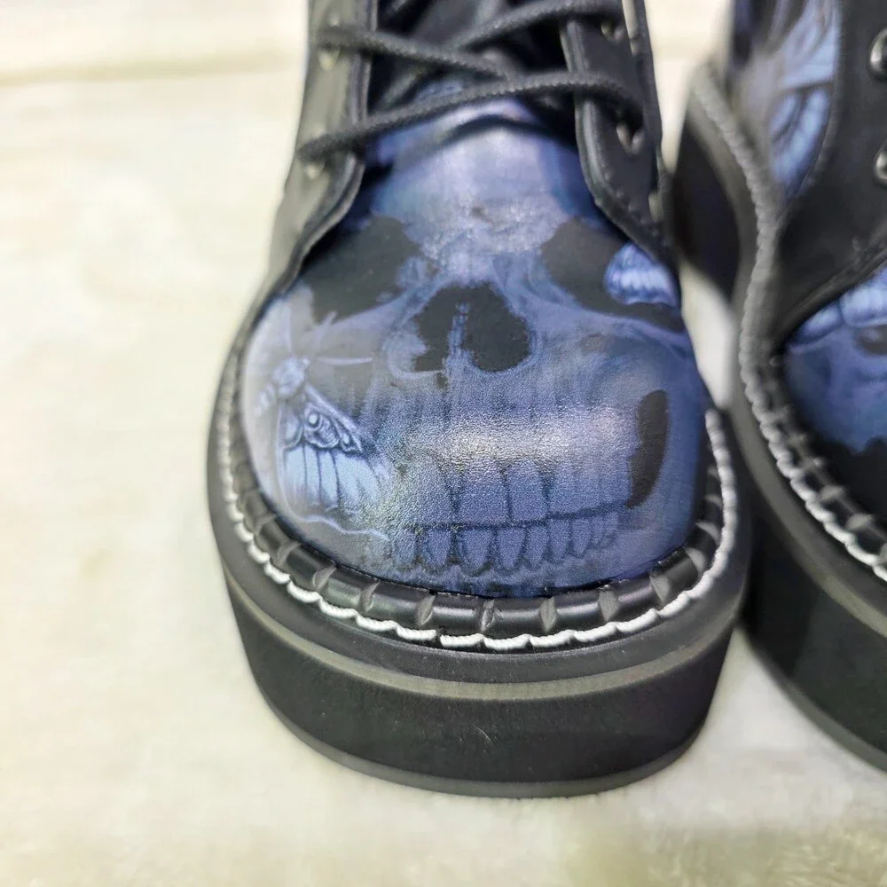 NIB NEW DEMONIA Emily Death Moth Skull Graphic Platform Goth Punk Mid Calf Boots - Picture 16 of 16